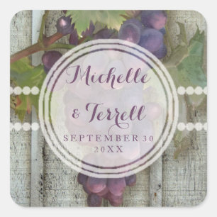 Red Wine Grapes on Vineyard Bard Wood Wedding Square Sticker