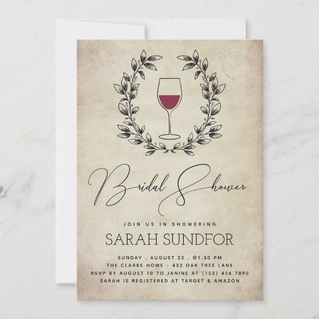 Red Wine & Laurel Wreath Vintage Bridal Shower Invitation (Front)