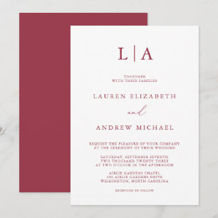 Red Wine Monogram Simple Minimalist Wedding Invita Invitation