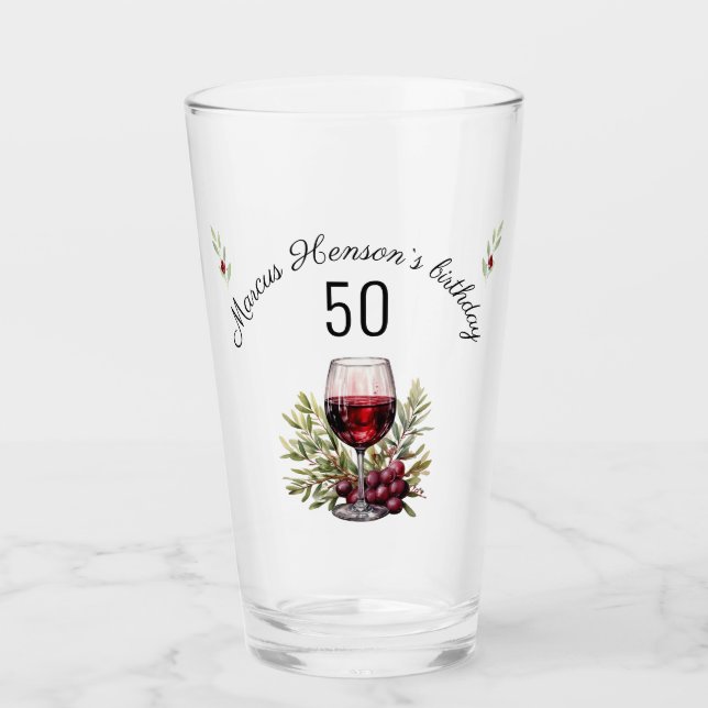 Red Wine Olive Watercolor 50th Birthday  Glass (Front)