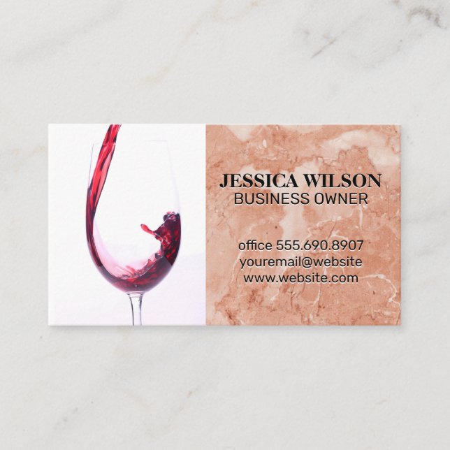 Red Wine Pour in Glass | Pink Orange Marble Business Card (Front)