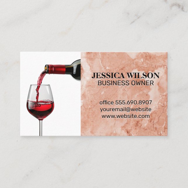 Red Wine Pour in Glass | Pink Orange Marble Business Card (Front)