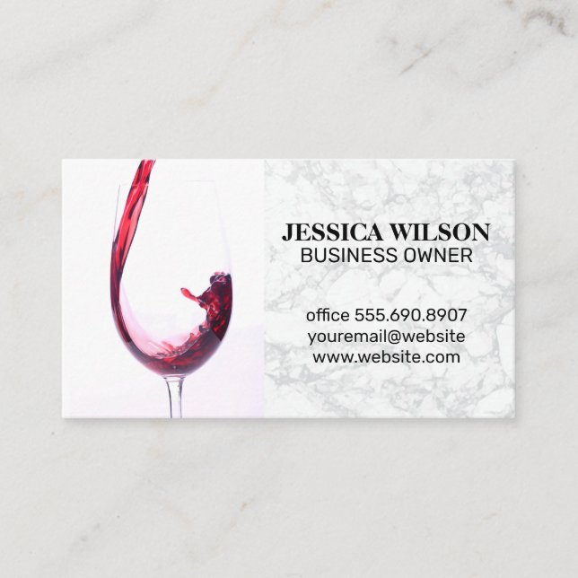 Red Wine Pour in Glass | White Marble Business Card (Front)