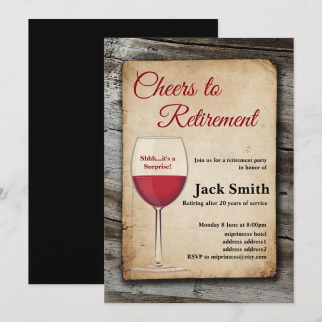 Red wine, retirement party, retiring invitation (Front/Back)