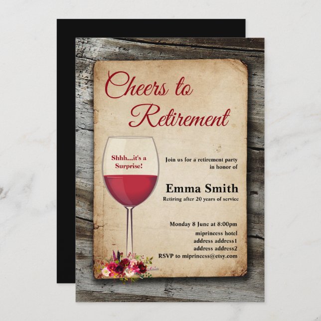 Red wine, retirement party, retiring invitation (Front/Back)