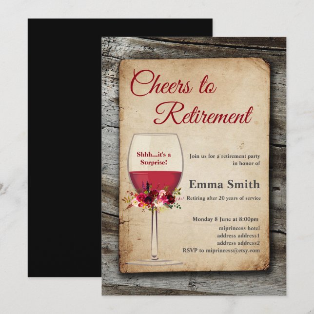 Red wine, retirement party, retiring invitation (Front/Back)