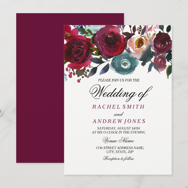 Red Wine Romantic Burgundy Wedding Invitation (Front/Back)