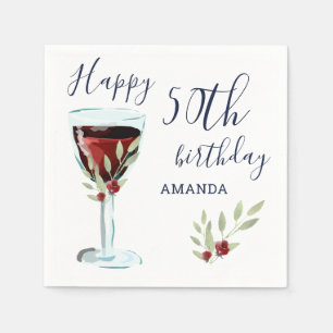 Red Wine Rose Watercolor 50th Birthday Party Napkin