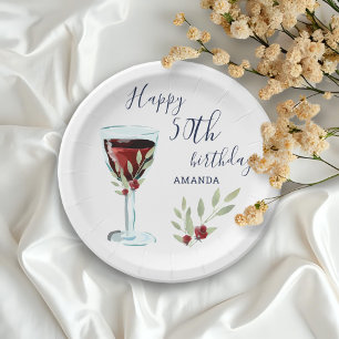 Red Wine Rose Watercolor 50th Birthday Party Paper Plate