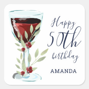 Red Wine Rose Watercolor 50th Birthday Square Sticker