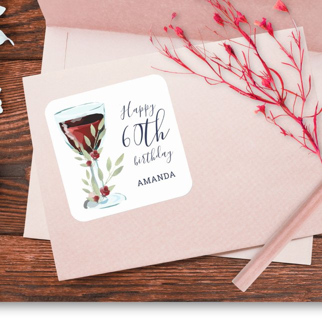 Red Wine Rose Watercolor 60th Birthday Square Sticker (Creator Uploaded)
