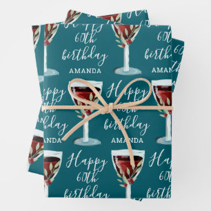 Red Wine Rose Watercolor 60th Birthday Wrapping Paper Sheet