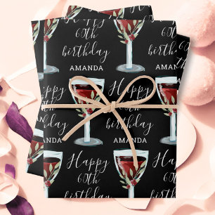 Red Wine Rose Watercolor 60th Birthday Wrapping Paper Sheet