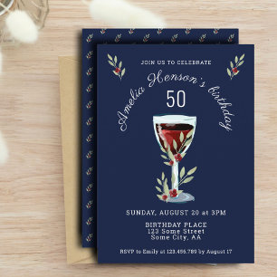 Red Wine Rose Watercolor Navy Blue 50th Birthday Invitation