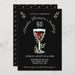 Red Wine Rose Watercolor Navy Blue 60th Birthday Invitation