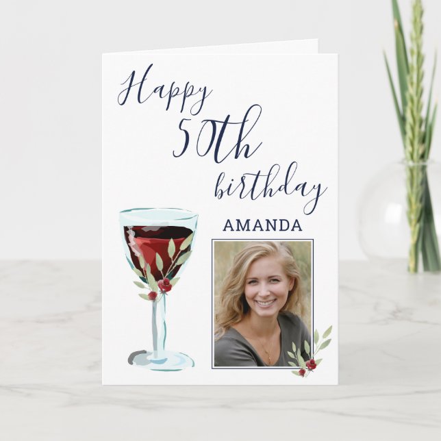 Red Wine Rose Watercolor Photo 50th Birthday Card (Front)