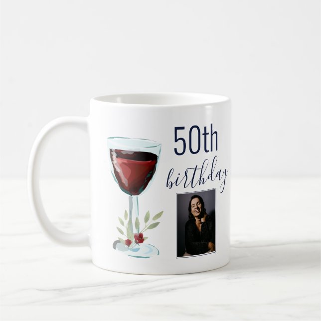 Red Wine Rose Watercolor Photo 50th Birthday  Coffee Mug (Left)