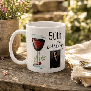 Red Wine Rose Watercolor Photo 50th Birthday Coffee Mug