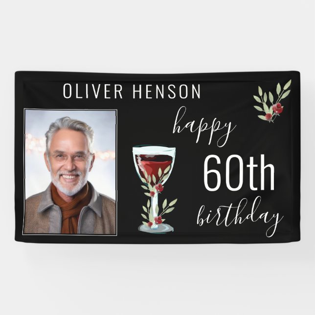 Red Wine Rose Watercolor Photo 60th Birthday  Banner (Horizontal)