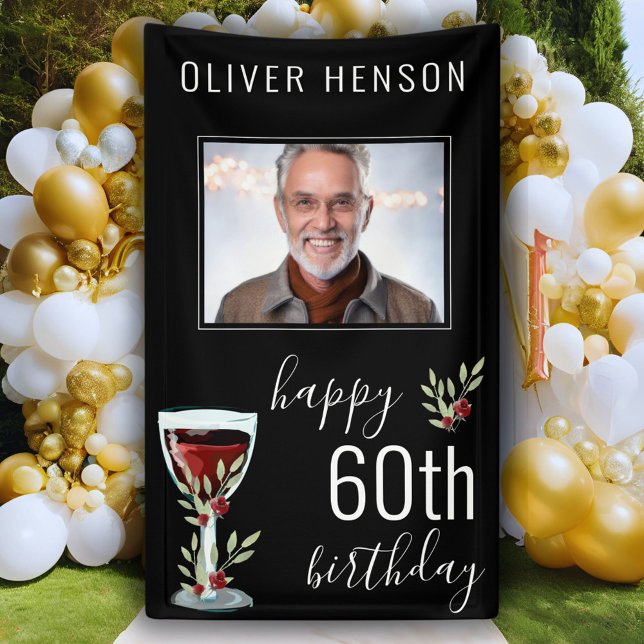 Red Wine Rose Watercolor Photo 60th Birthday  Banner (Creator Uploaded)