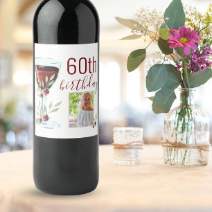 Red Wine Rose Watercolor Photo 60th Birthday  Label