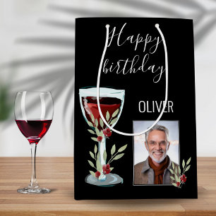Red Wine Rose Watercolor Photo 60th Birthday  Medium Gift Bag
