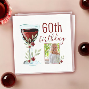Red Wine Rose Watercolor Photo 60th Birthday Napkin