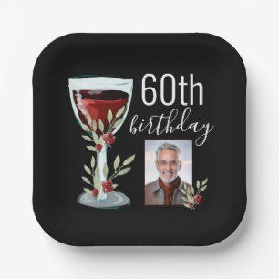 Red Wine Rose Watercolor Photo 60th Birthday Paper Plate