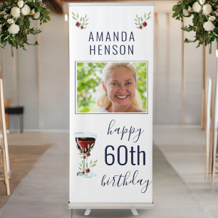 Red Wine Rose Watercolor Photo 60th Birthday  Retractable Banner