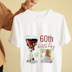 Red Wine Rose Watercolor Photo 60th Birthday T-Shirt