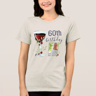 Red Wine Rose Watercolor Photo 60th Birthday Tri-Blend Shirt