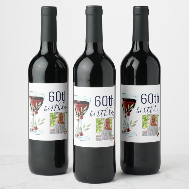 Red Wine Rose Watercolor Photo 60th Birthday  Wine Label (Bottles)