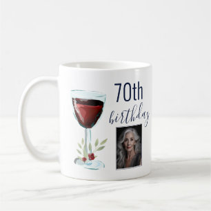 Red Wine Rose Watercolor Photo 70th Birthday  Coffee Mug