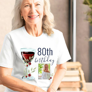 Red Wine Rose Watercolor Photo 80th Birthday Tri-Blend Shirt
