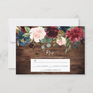 Red Wine Rustic Burgundy Watercolor Floral Wedding RSVP Card
