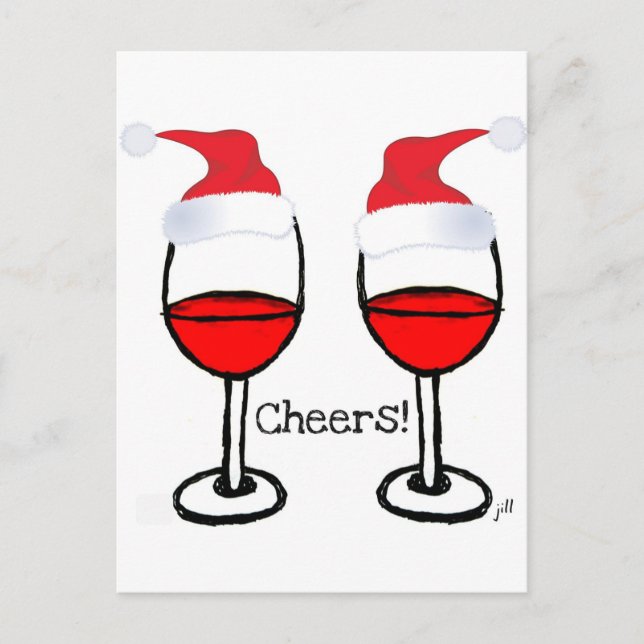 RED WINE SANTA HATS CHEERS! PRINT HOLIDAY POSTCARD (Front)