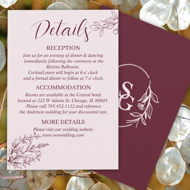 Red Wine Simple Boho Floral Wedding Details Enclosure Card (Creator Uploaded)
