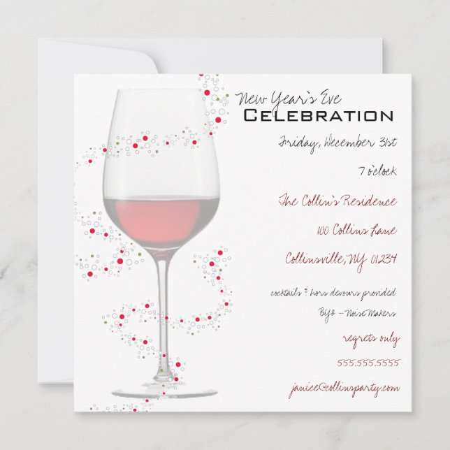 Red Wine & Sparkles New Year's Invitations (Front)