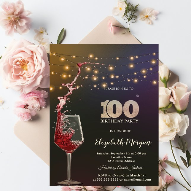Red Wine String Lights 100th Birthday Party Invitation (Creator Uploaded)