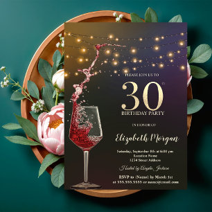 Red Wine String Lights 30th Birthday Party Invitation