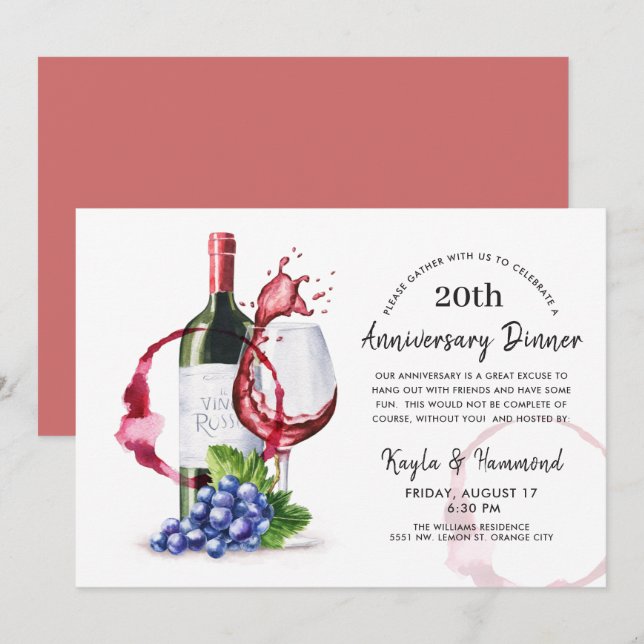 Red Wine Style Occasion Anniversary Dinner Invitat Invitation (Front/Back)