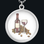 Red Wine Tasting Bottle, Grapes, Glass Necklace<br><div class="desc">Features an original marker illustration of a glass of red merlot wine surrounded by a bottle and grapes. Perfect for your favourite foodie or wine aficionado!</div>