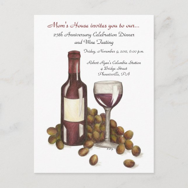 Red Wine Tasting Glass Bottle Grapes Charity Event Invitation Postcard (Front)