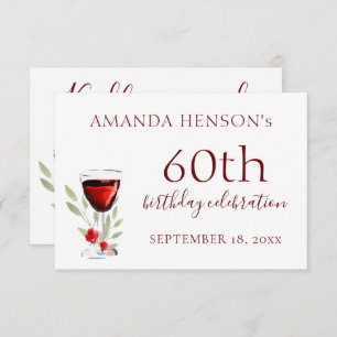 Red Wine Watercolor Glass 60th Birthday Party RSVP Card