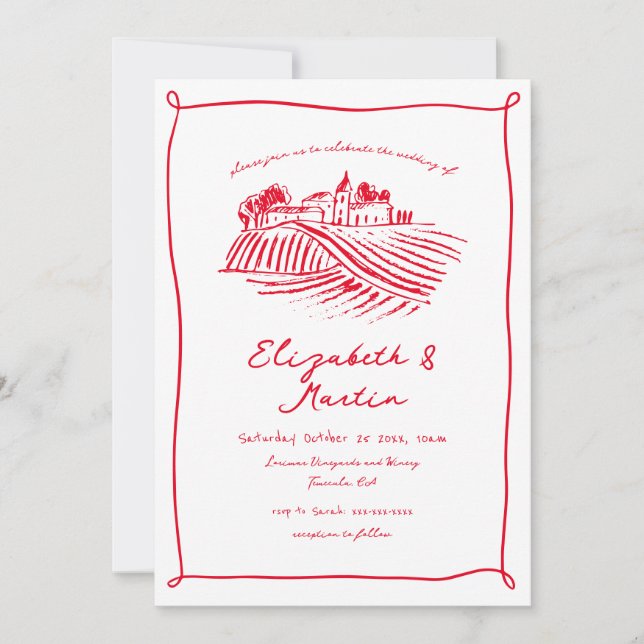 Red Wine Whimsical Hand Drawn Vineyard Wedding Invitation (Front)