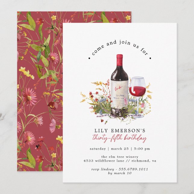 Red Wine Wildflowers | Cute Any Age Adult Birthday Invitation (Front/Back)