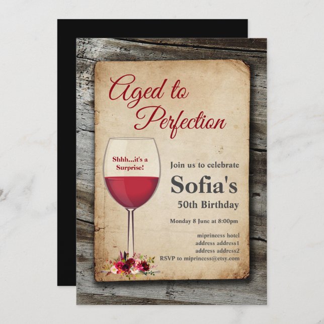Red wine, wine invitation, aged to perfection invitation (Front/Back)