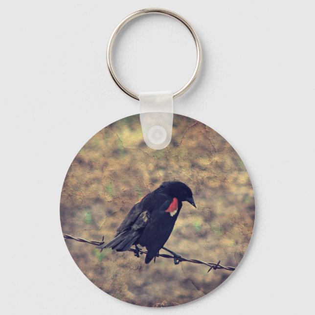 Red Wing Blackbird on Barbed Wire Key Ring (Front)