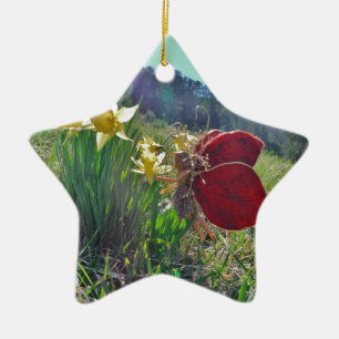red wing fairy and daffodils ceramic tree decoration