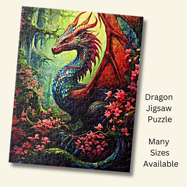 Red Wing Forest Dragon with Red Flowers Jigsaw Puzzle (Creator Uploaded)